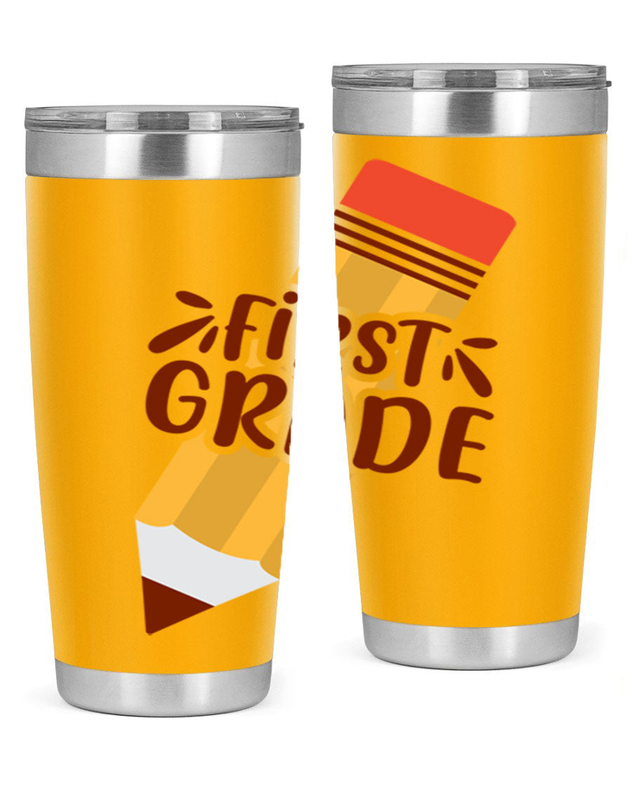 First Gradee 18# Tumbler in stainless steel with a drink-thru lid, showcasing its sleek design and vibrant print.