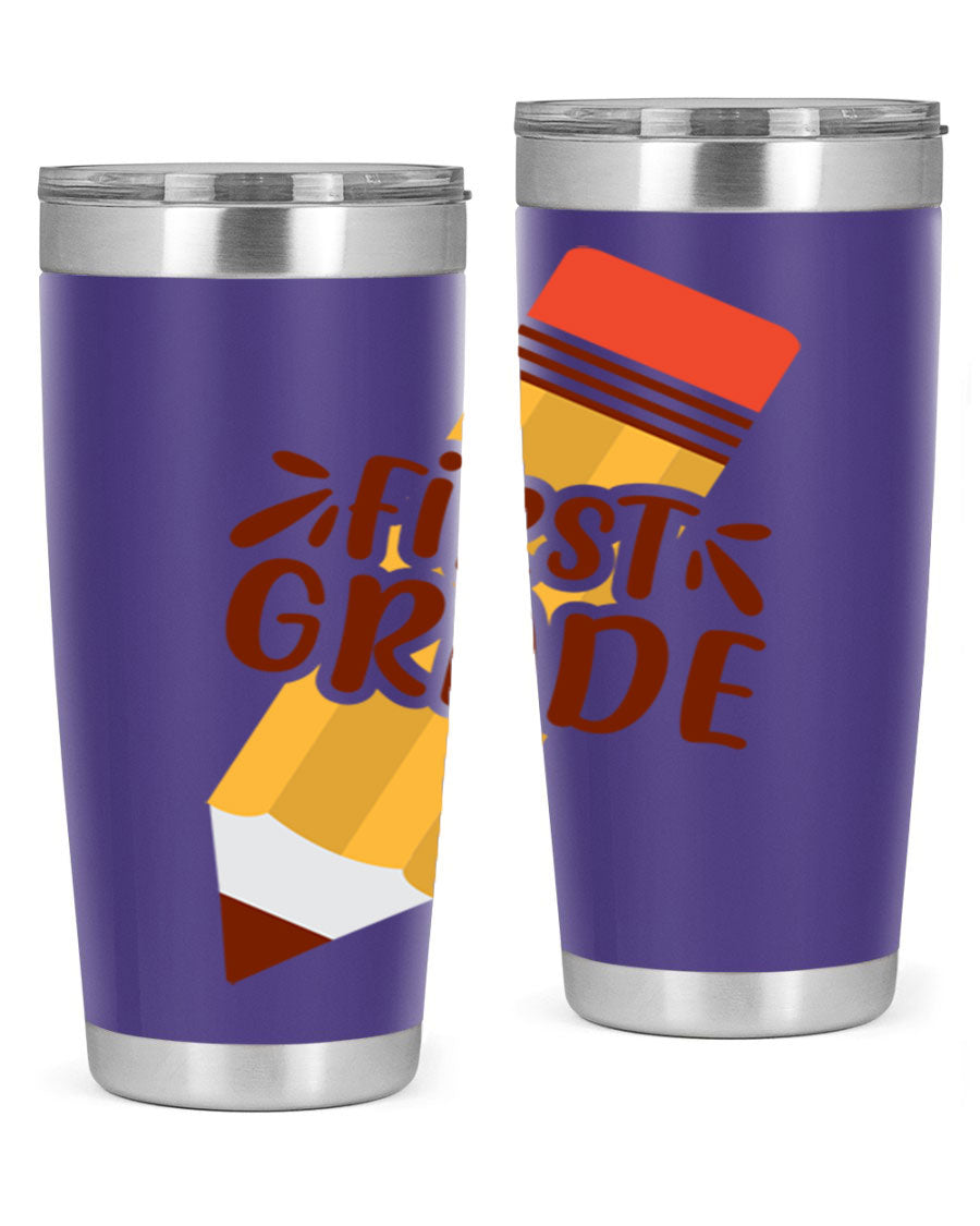 First Gradee 18# Tumbler in stainless steel with a drink-thru lid, showcasing its sleek design and vibrant print.