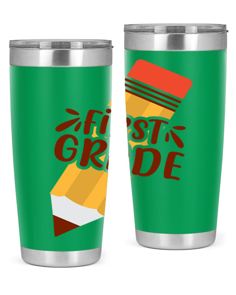 First Gradee 18# Tumbler in stainless steel with a drink-thru lid, showcasing its sleek design and vibrant print.
