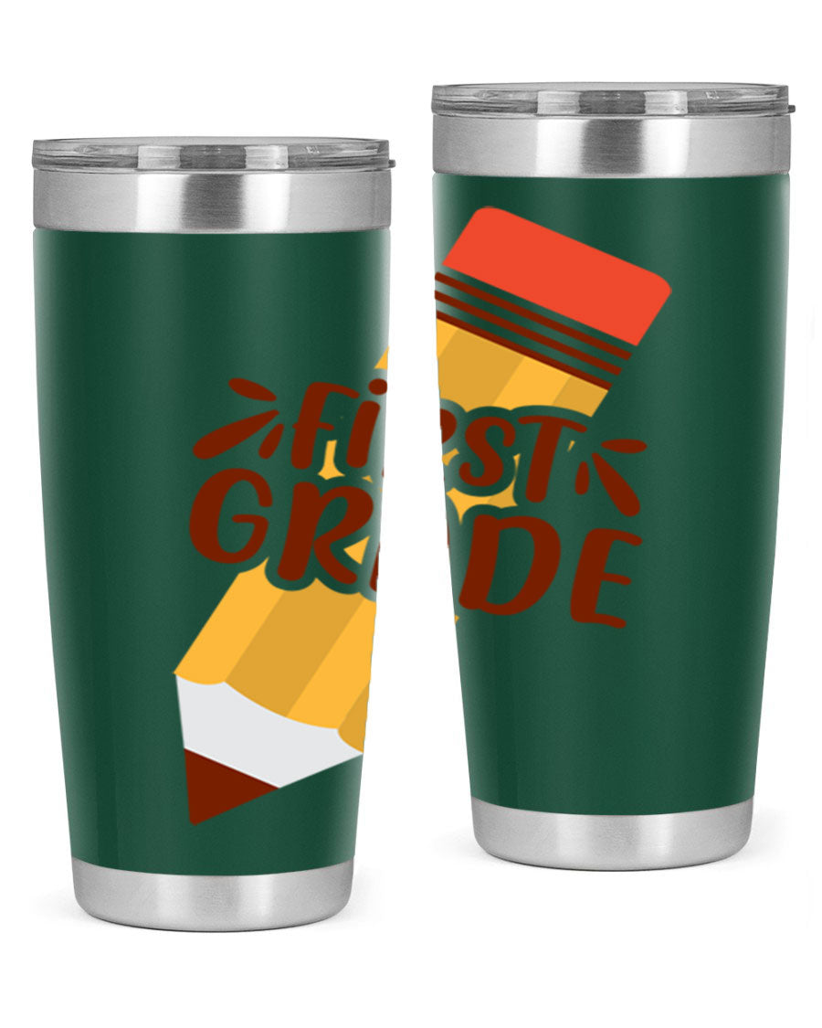 First Gradee 18# Tumbler in stainless steel with a drink-thru lid, showcasing its sleek design and vibrant print.