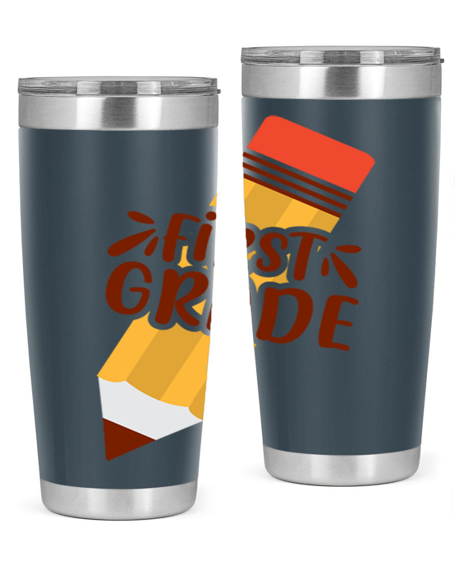 First Gradee 18# Tumbler in stainless steel with a drink-thru lid, showcasing its sleek design and vibrant print.