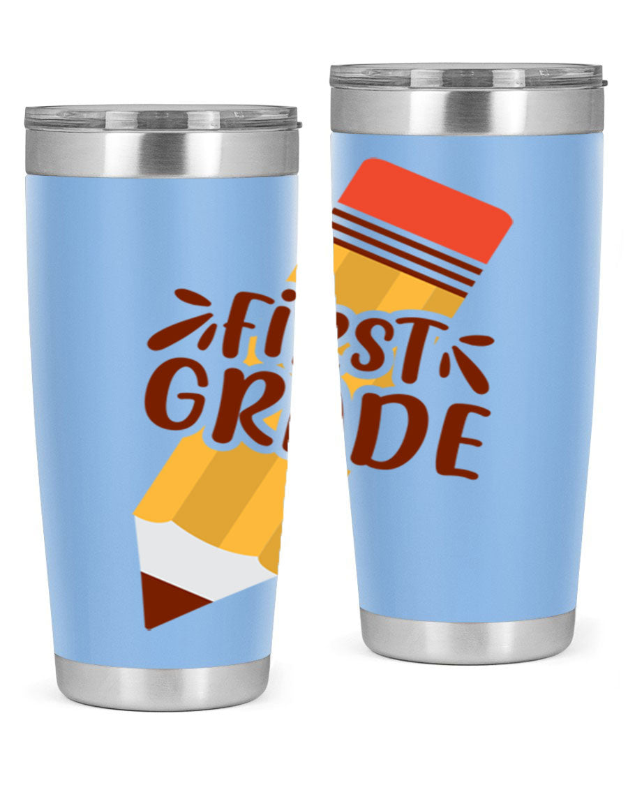 First Gradee 18# Tumbler in stainless steel with a drink-thru lid, showcasing its sleek design and vibrant print.
