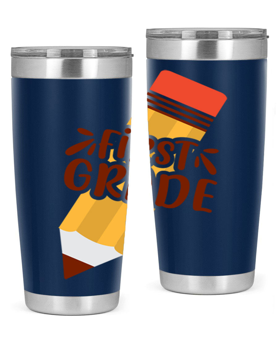 First Gradee 18# Tumbler in stainless steel with a drink-thru lid, showcasing its sleek design and vibrant print.