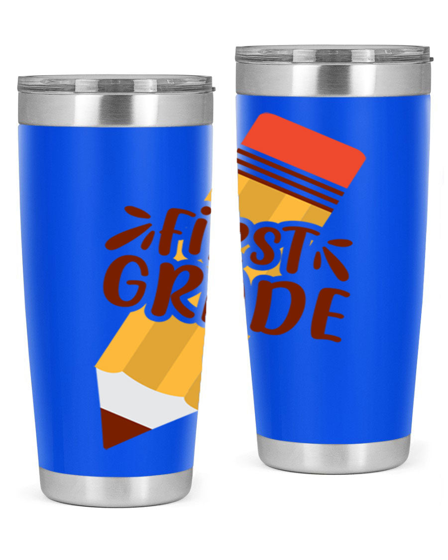 First Gradee 18# Tumbler in stainless steel with a drink-thru lid, showcasing its sleek design and vibrant print.