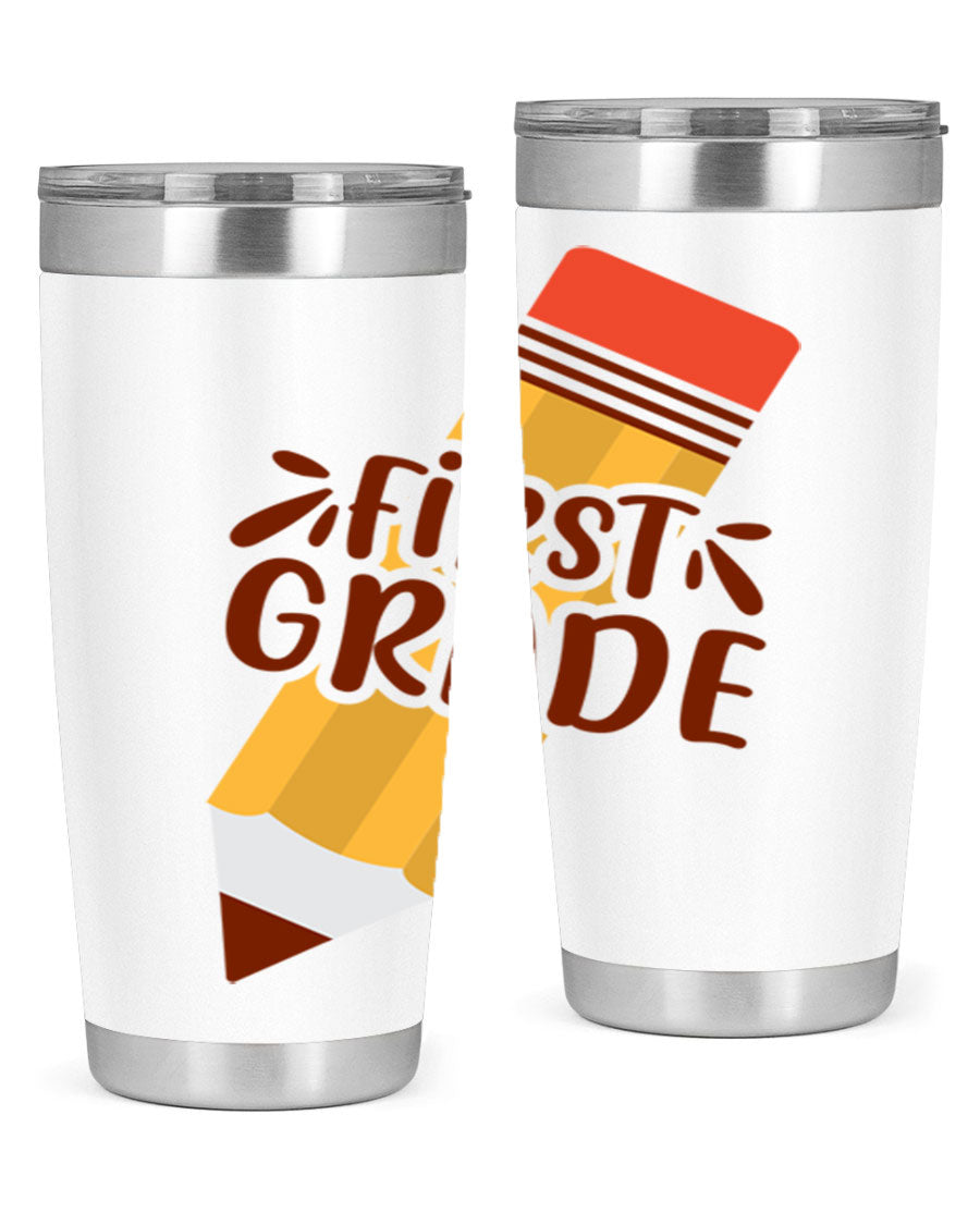First Gradee 18# Tumbler in stainless steel with a drink-thru lid, showcasing its sleek design and vibrant print.