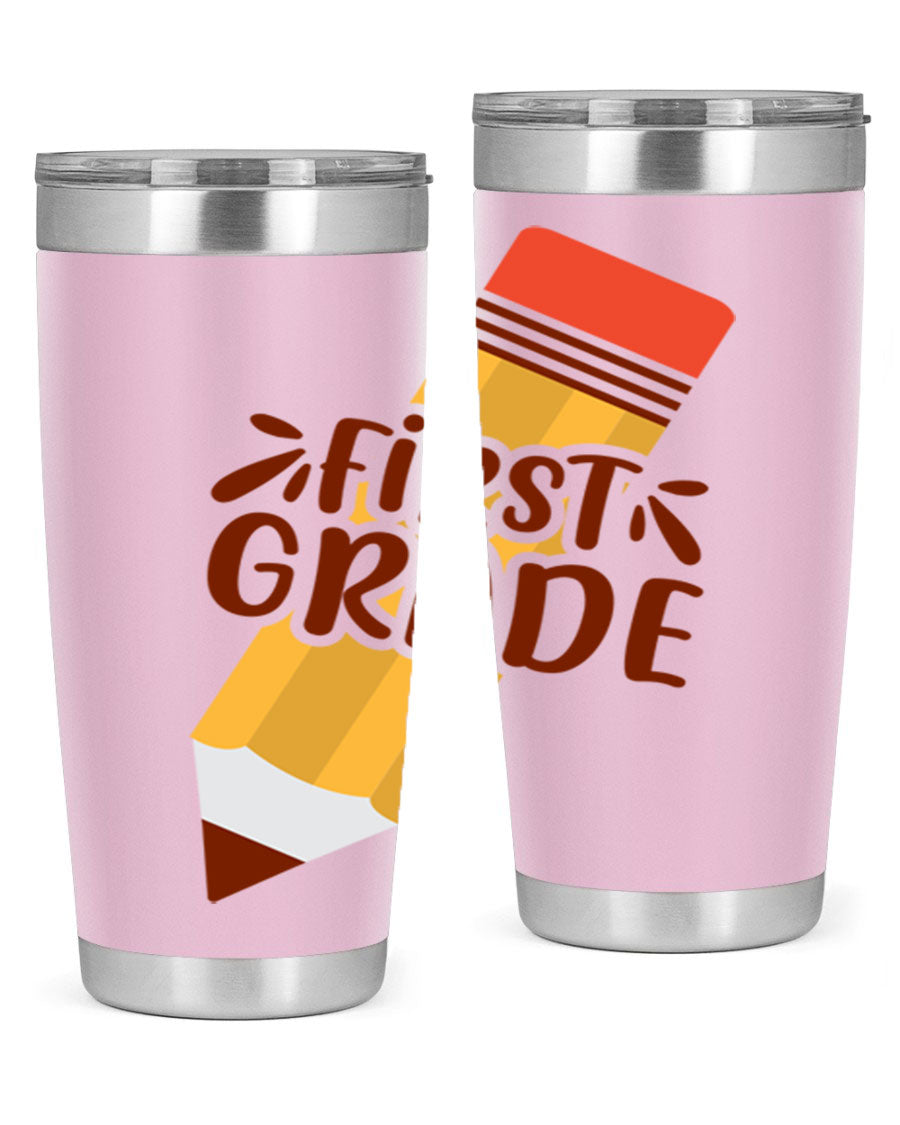 First Gradee 18# Tumbler in stainless steel with a drink-thru lid, showcasing its sleek design and vibrant print.