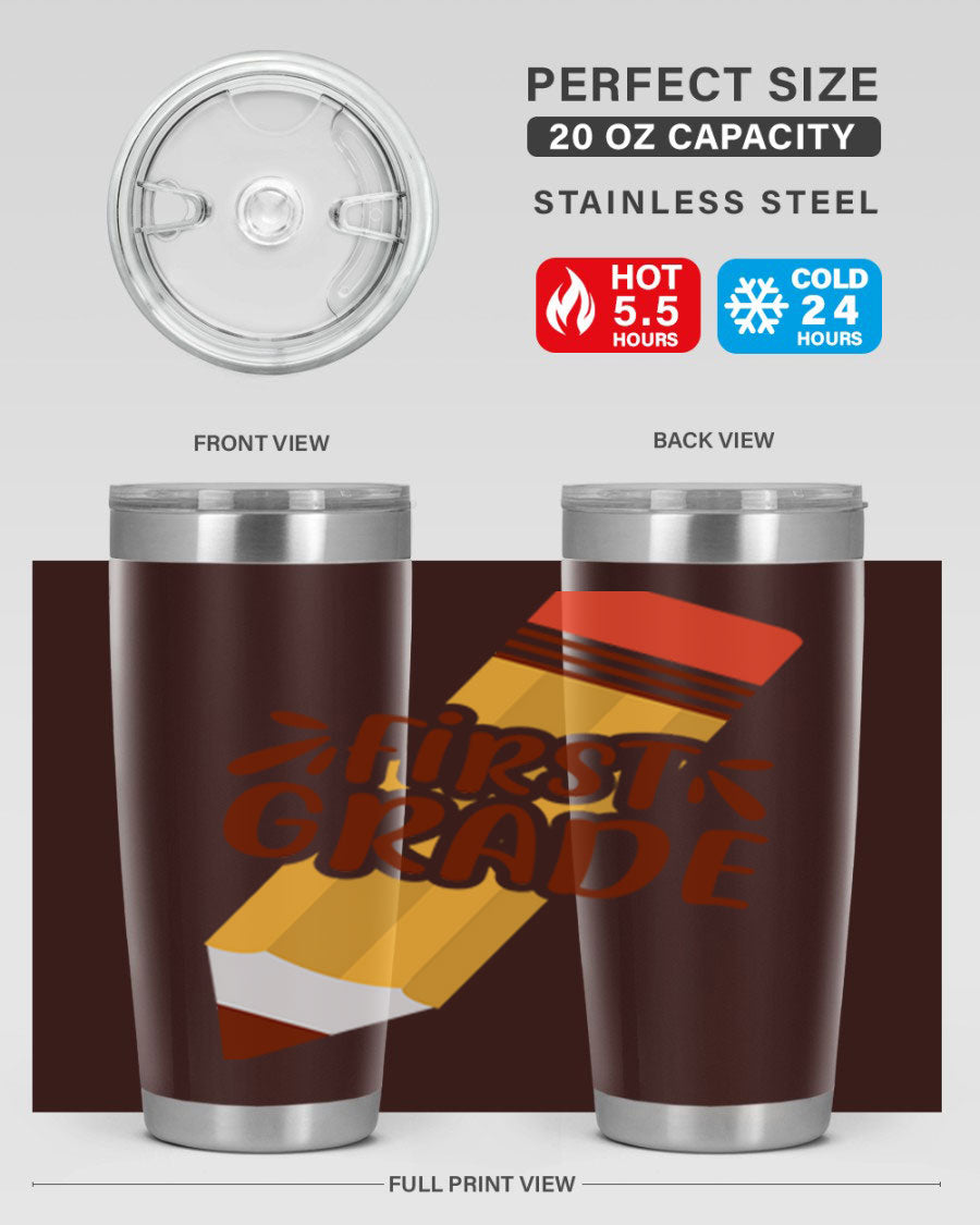 First Gradee 18# Tumbler in stainless steel with a drink-thru lid, showcasing its sleek design and vibrant print.