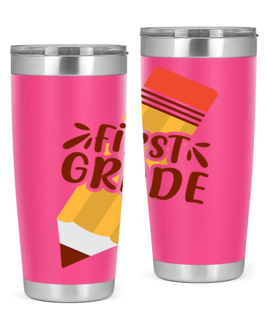 First Gradee 18# Tumbler in stainless steel with a drink-thru lid, showcasing its sleek design and vibrant print.