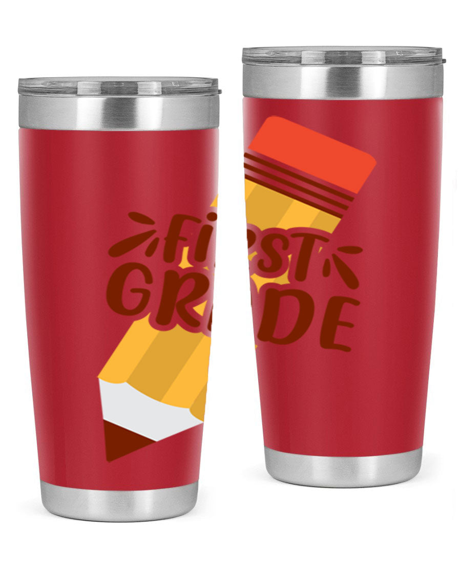 First Gradee 18# Tumbler in stainless steel with a drink-thru lid, showcasing its sleek design and vibrant print.