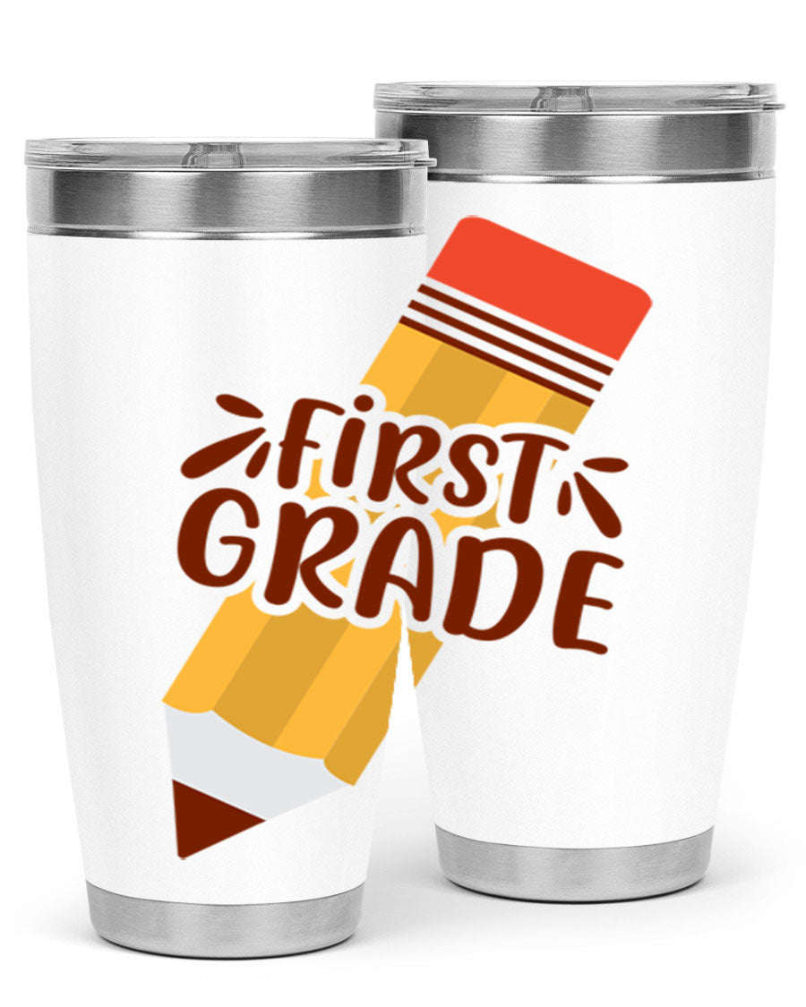 First Gradee 18# Tumbler in stainless steel with a drink-thru lid, showcasing its sleek design and vibrant print.