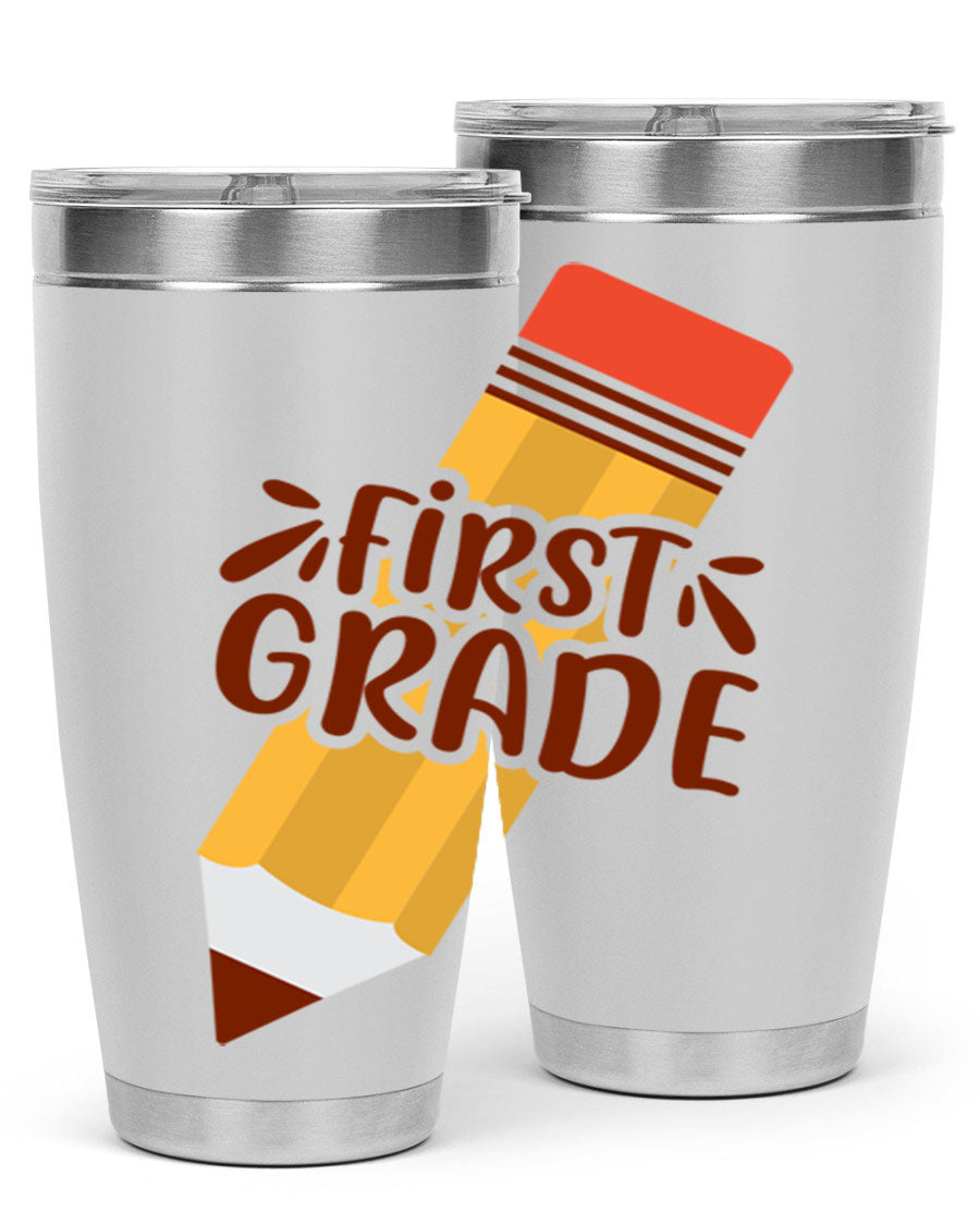First Gradee 18# Tumbler in stainless steel with a drink-thru lid, showcasing its sleek design and vibrant print.