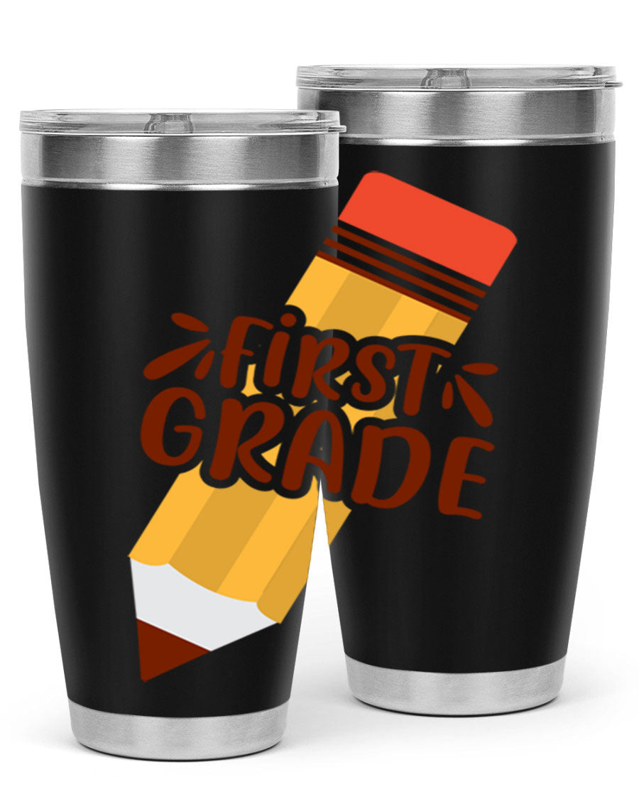 First Gradee 18# Tumbler in stainless steel with a drink-thru lid, showcasing its sleek design and vibrant print.