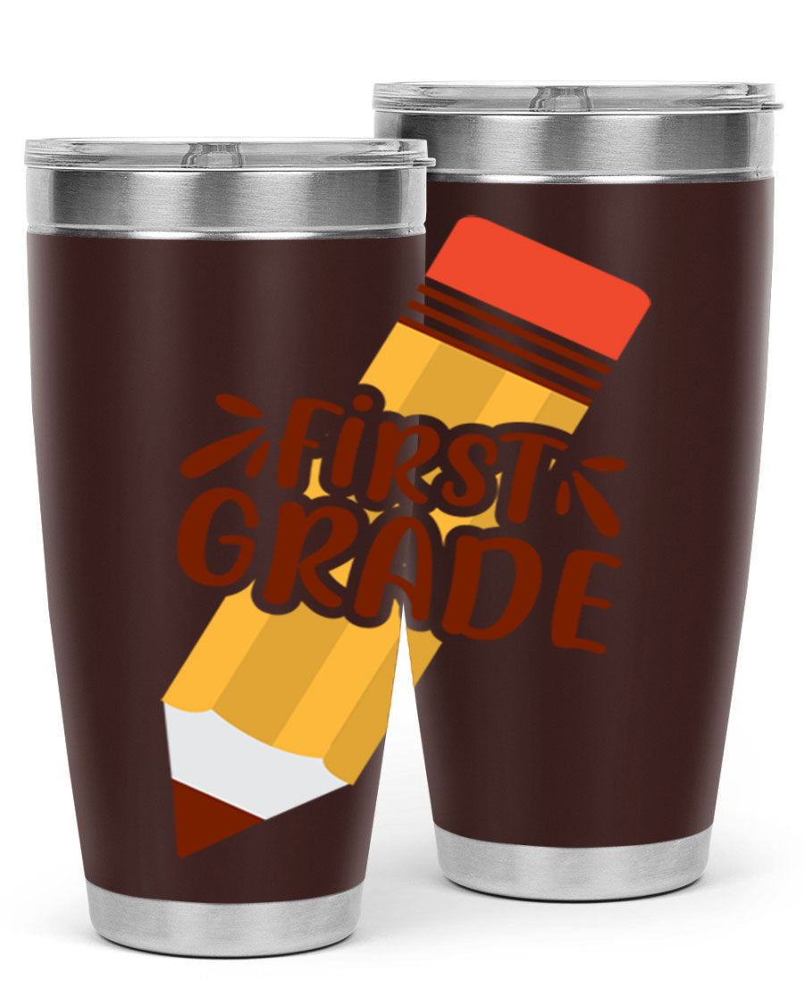 First Gradee 18# Tumbler in stainless steel with a drink-thru lid, showcasing its sleek design and vibrant print.