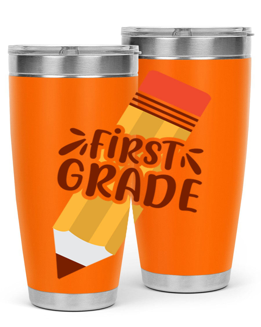 First Gradee 18# Tumbler in stainless steel with a drink-thru lid, showcasing its sleek design and vibrant print.