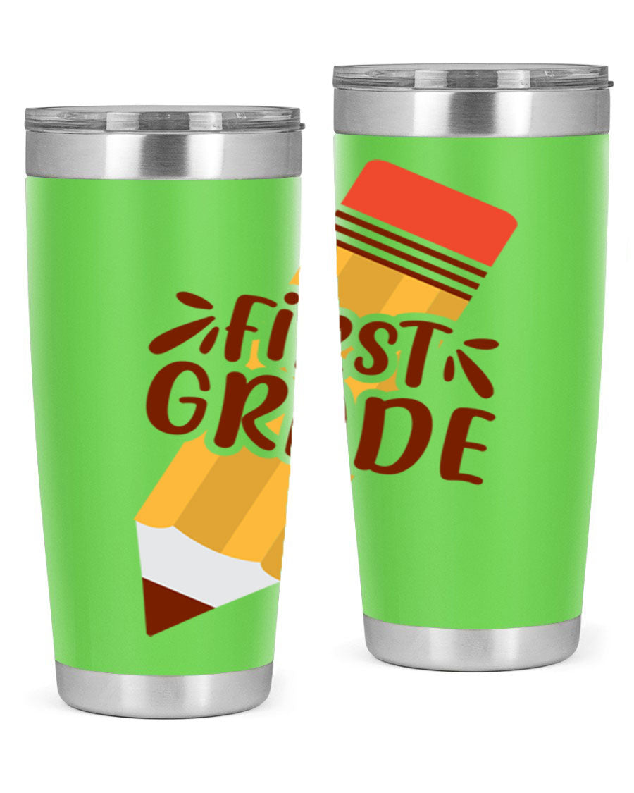 First Gradee 18# Tumbler in stainless steel with a drink-thru lid, showcasing its sleek design and vibrant print.