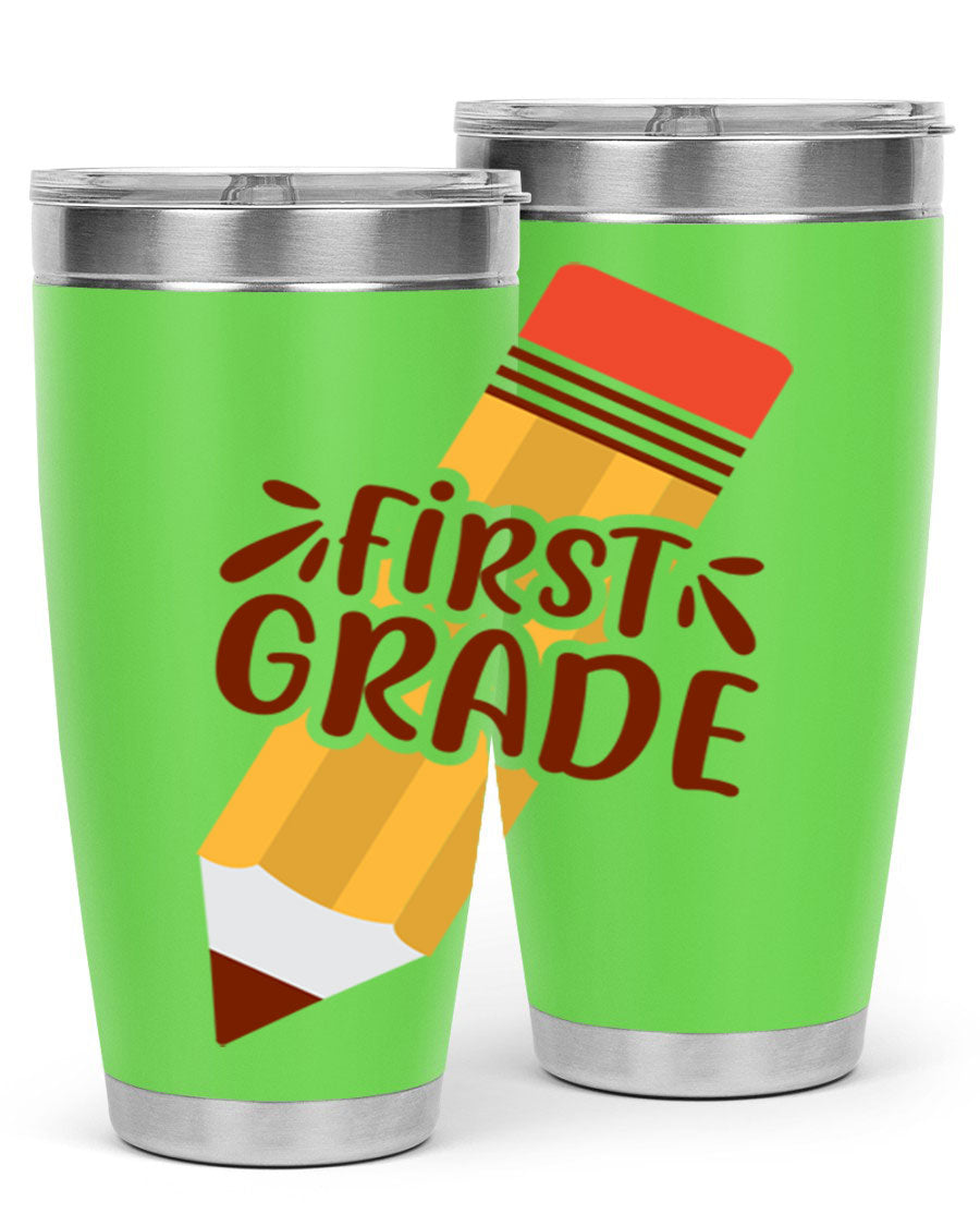 First Gradee 18# Tumbler in stainless steel with a drink-thru lid, showcasing its sleek design and vibrant print.