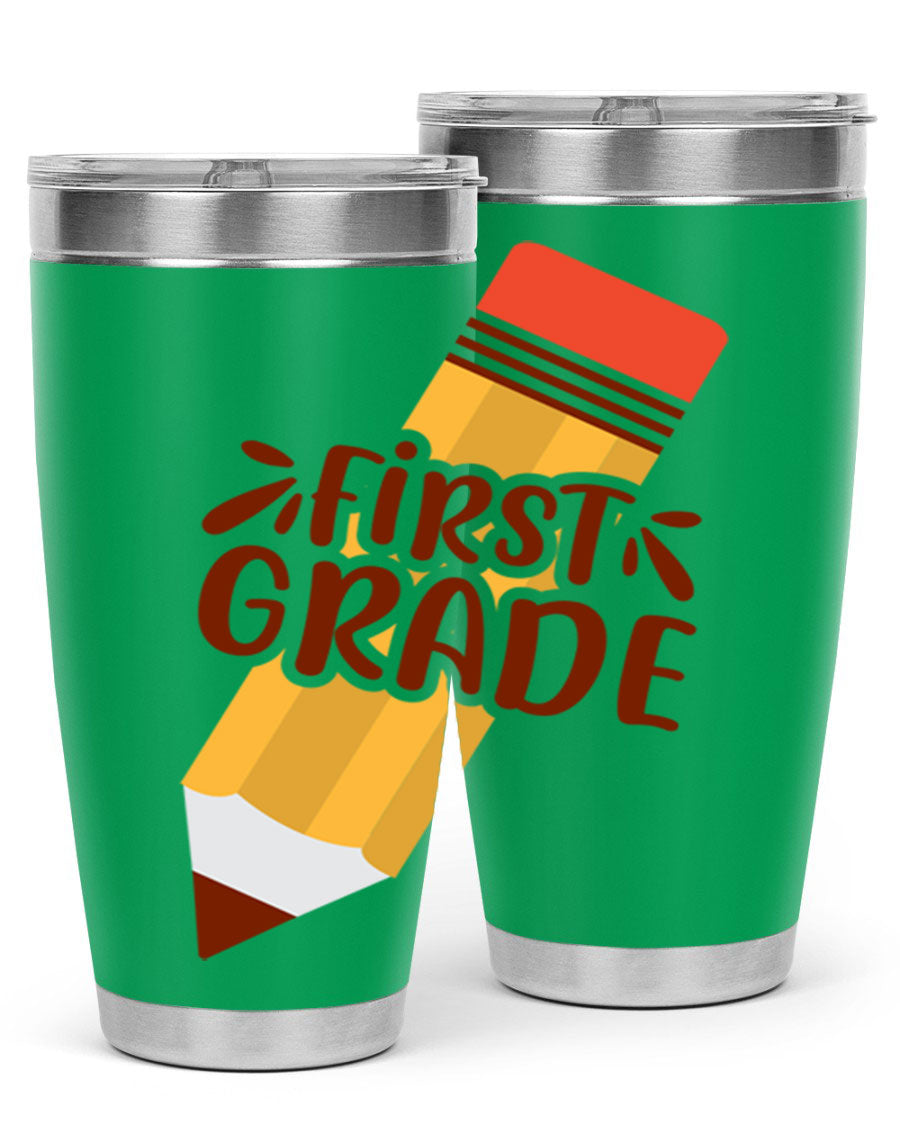 First Gradee 18# Tumbler in stainless steel with a drink-thru lid, showcasing its sleek design and vibrant print.