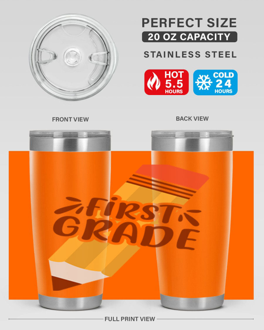 First Gradee 18# Tumbler in stainless steel with a drink-thru lid, showcasing its sleek design and vibrant print.