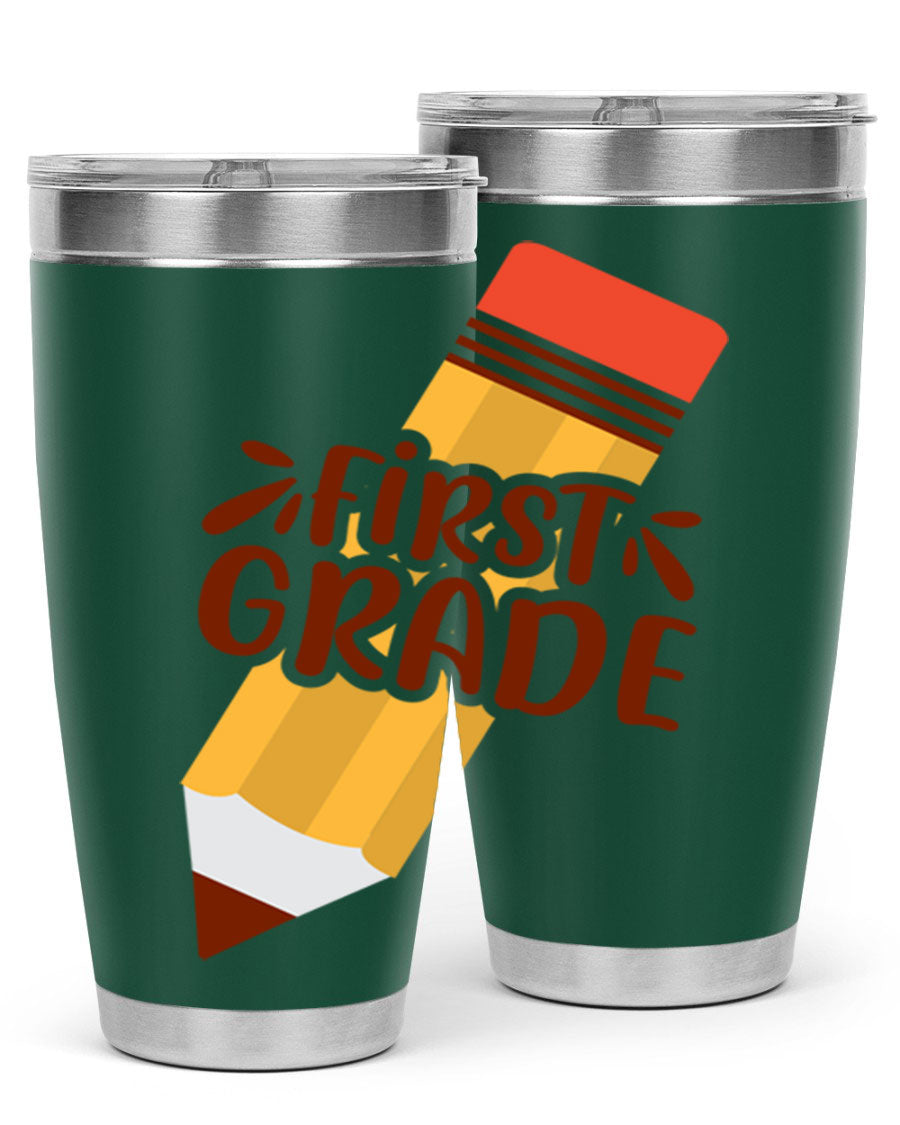 First Gradee 18# Tumbler in stainless steel with a drink-thru lid, showcasing its sleek design and vibrant print.