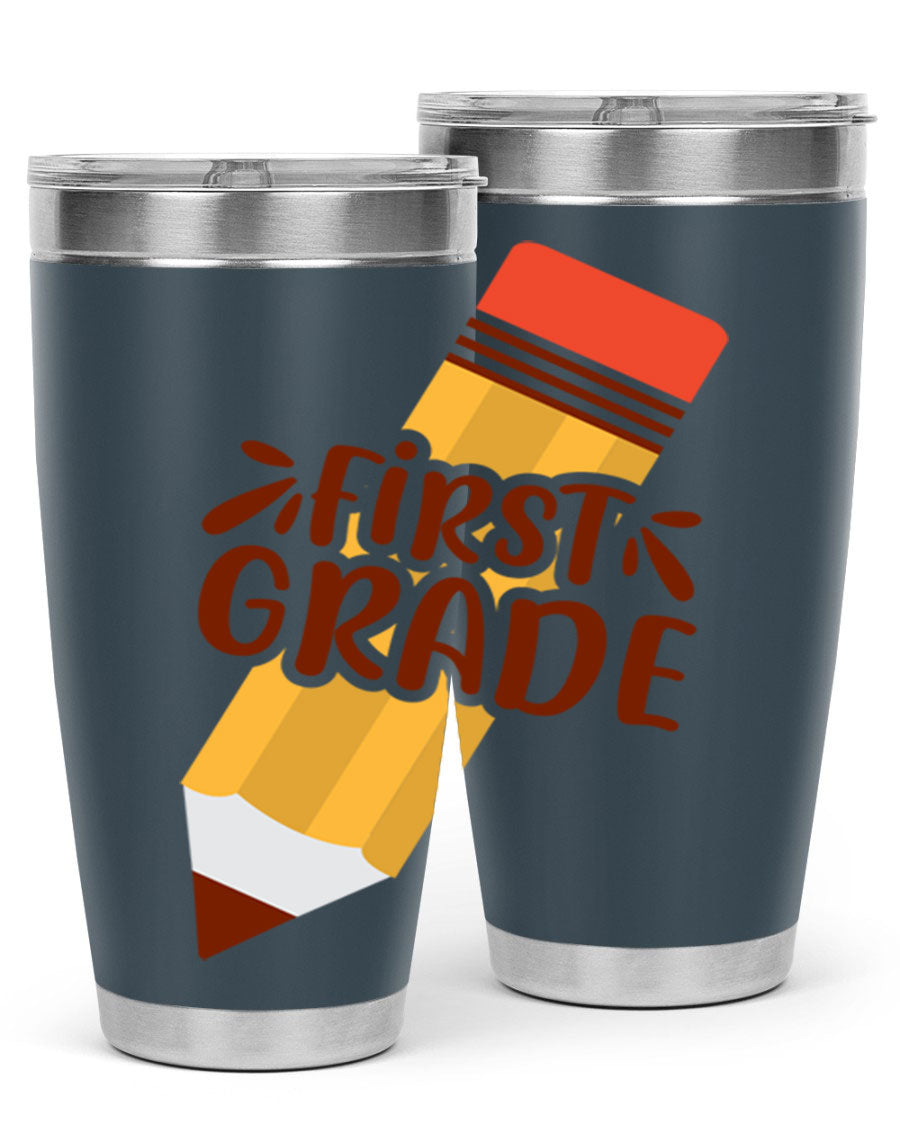 First Gradee 18# Tumbler in stainless steel with a drink-thru lid, showcasing its sleek design and vibrant print.