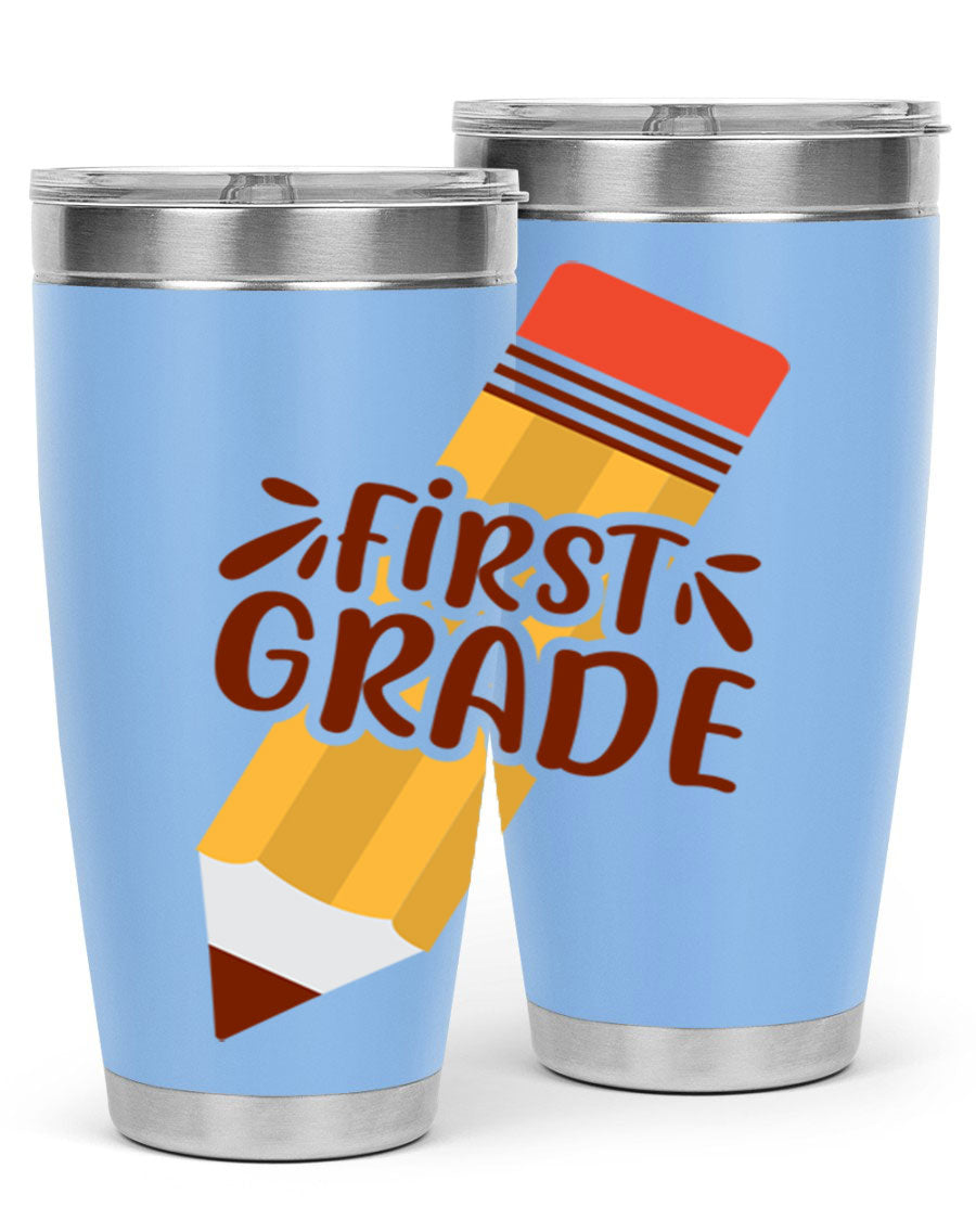 First Gradee 18# Tumbler in stainless steel with a drink-thru lid, showcasing its sleek design and vibrant print.