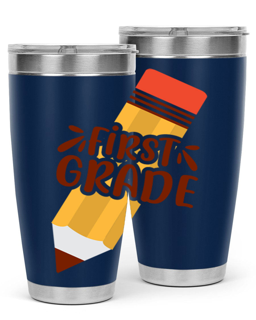 First Gradee 18# Tumbler in stainless steel with a drink-thru lid, showcasing its sleek design and vibrant print.
