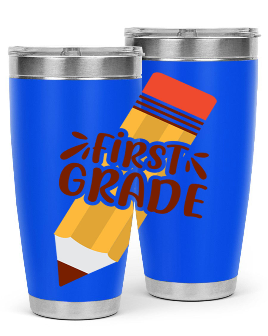 First Gradee 18# Tumbler in stainless steel with a drink-thru lid, showcasing its sleek design and vibrant print.