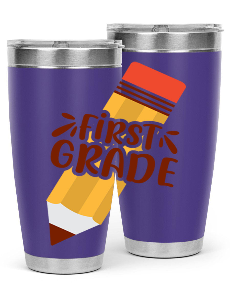 First Gradee 18# Tumbler in stainless steel with a drink-thru lid, showcasing its sleek design and vibrant print.