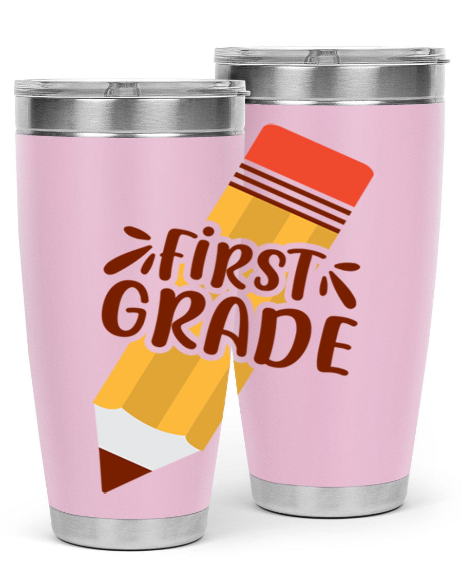 First Gradee 18# Tumbler in stainless steel with a drink-thru lid, showcasing its sleek design and vibrant print.