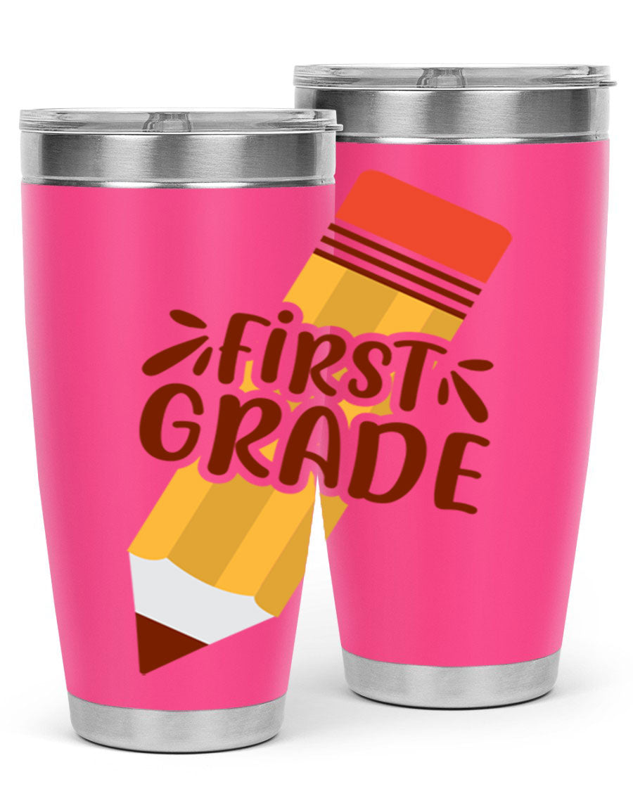 First Gradee 18# Tumbler in stainless steel with a drink-thru lid, showcasing its sleek design and vibrant print.