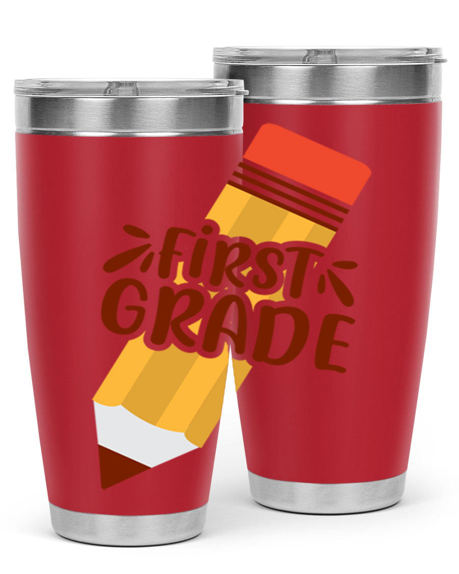 First Gradee 18# Tumbler in stainless steel with a drink-thru lid, showcasing its sleek design and vibrant print.