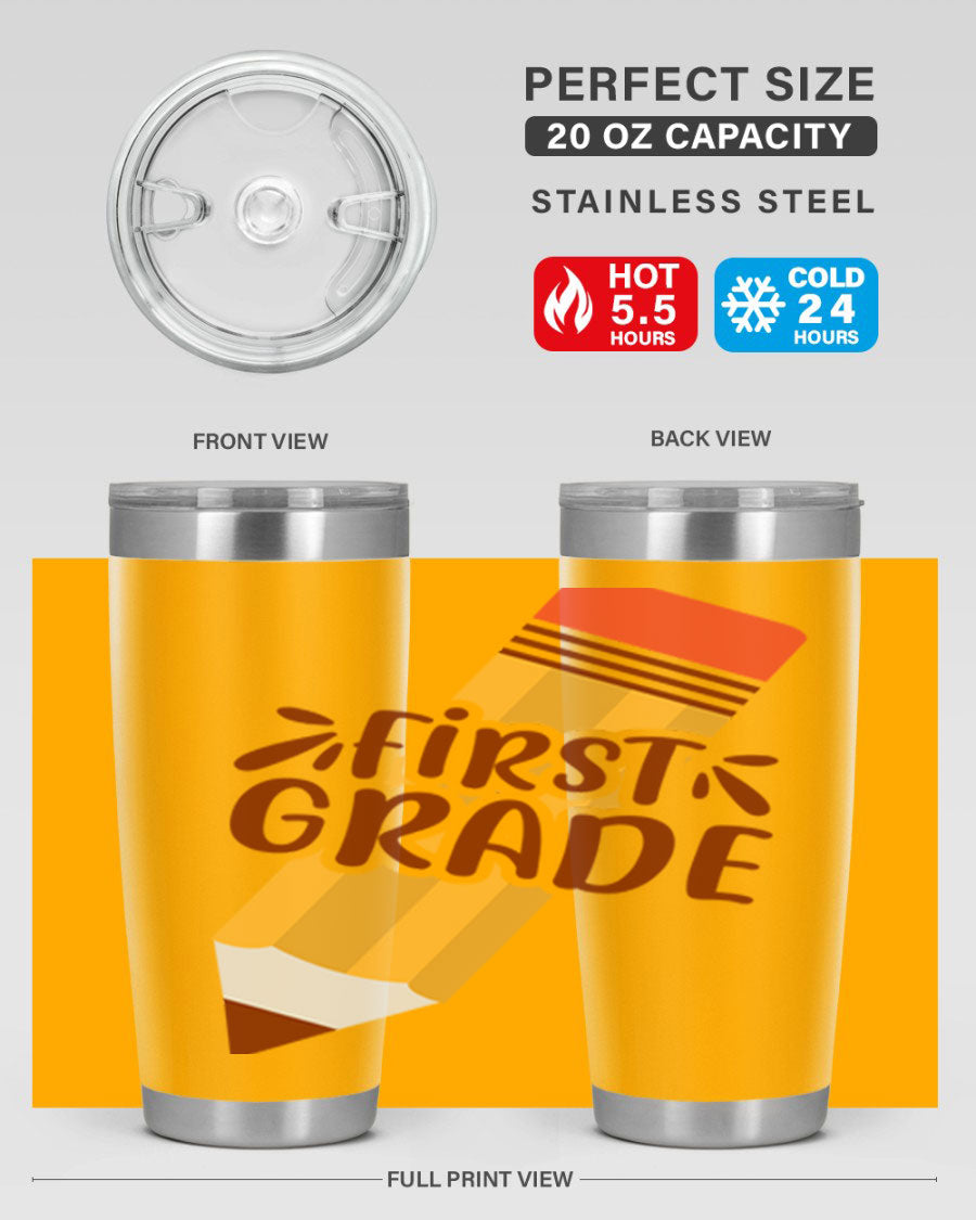 First Gradee 18# Tumbler in stainless steel with a drink-thru lid, showcasing its sleek design and vibrant print.