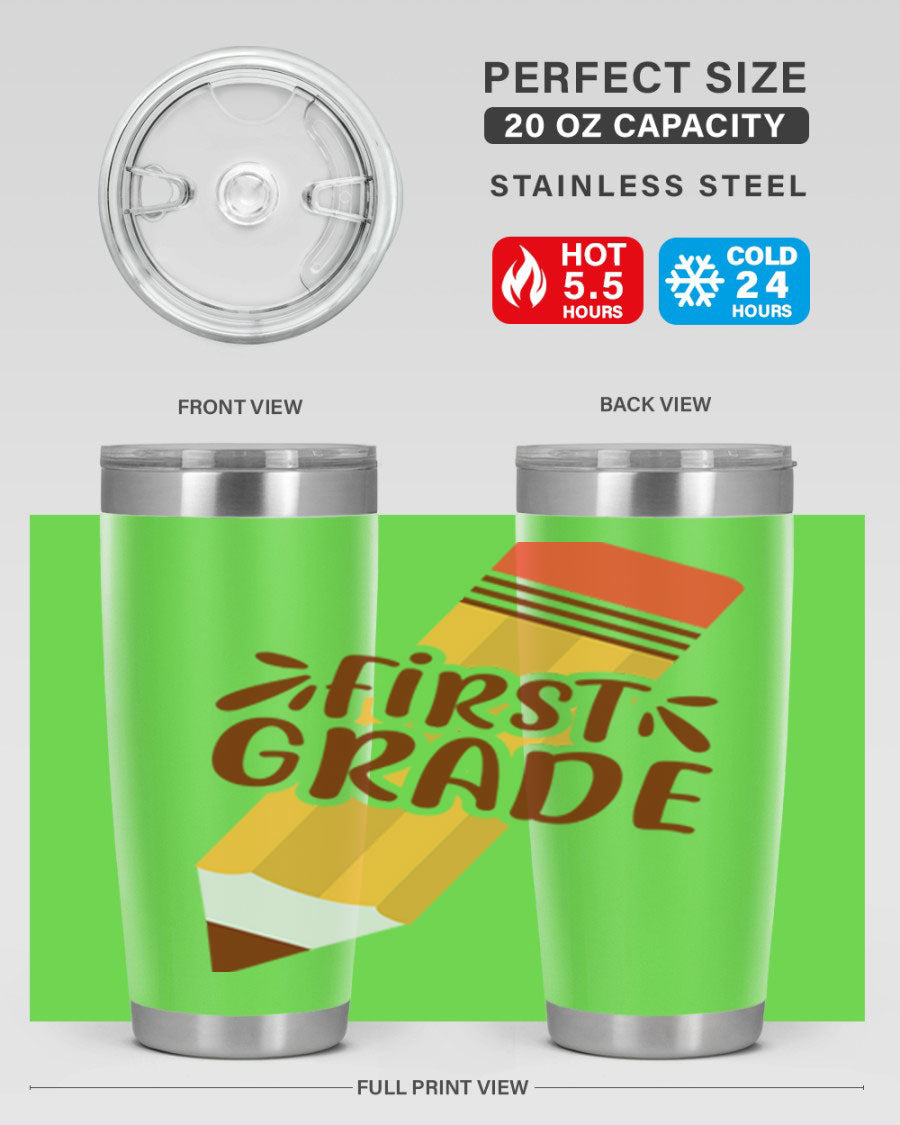 First Gradee 18# Tumbler in stainless steel with a drink-thru lid, showcasing its sleek design and vibrant print.