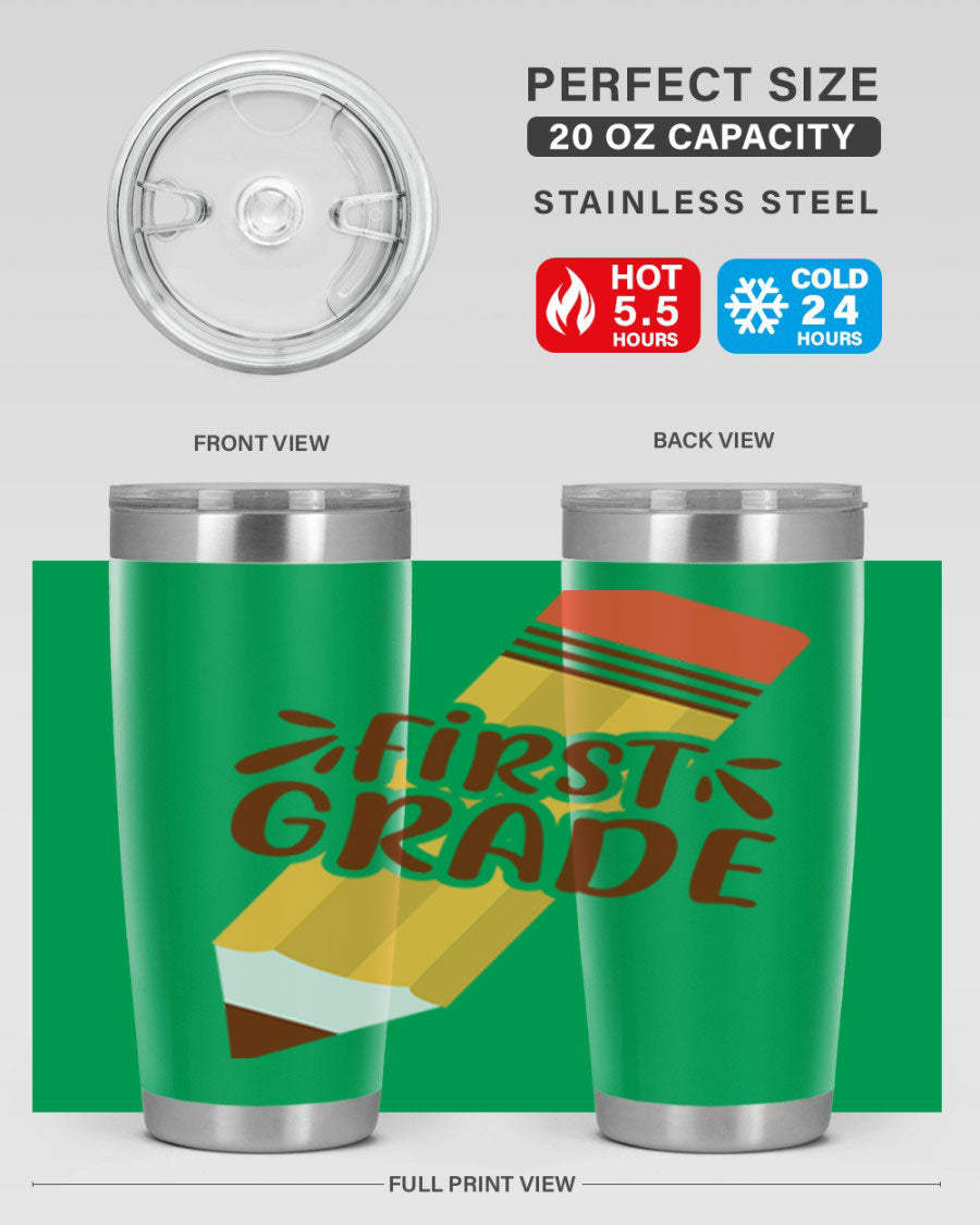 First Gradee 18# Tumbler in stainless steel with a drink-thru lid, showcasing its sleek design and vibrant print.