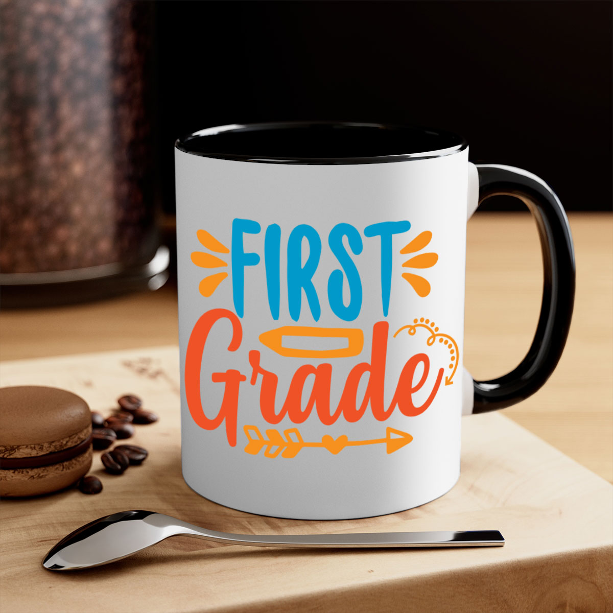 A stylish First Grade 19# Mug featuring a glossy finish, colored handle, and interior, available in multiple colors and sizes.
