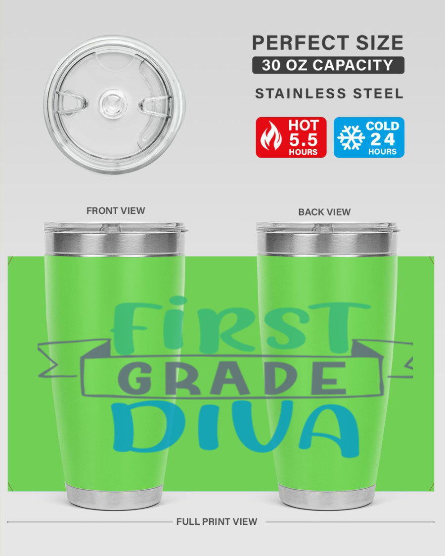 First Grade Divaa 20oz Tumbler in stainless steel with a sleek design, showcasing its double wall vacuum insulation and drink-thru lid.
