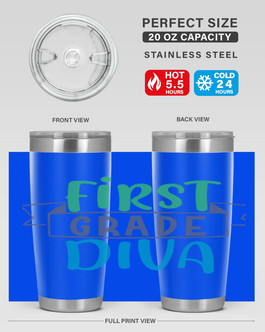 First Grade Divaa 20oz Tumbler in stainless steel with a sleek design, showcasing its double wall vacuum insulation and drink-thru lid.