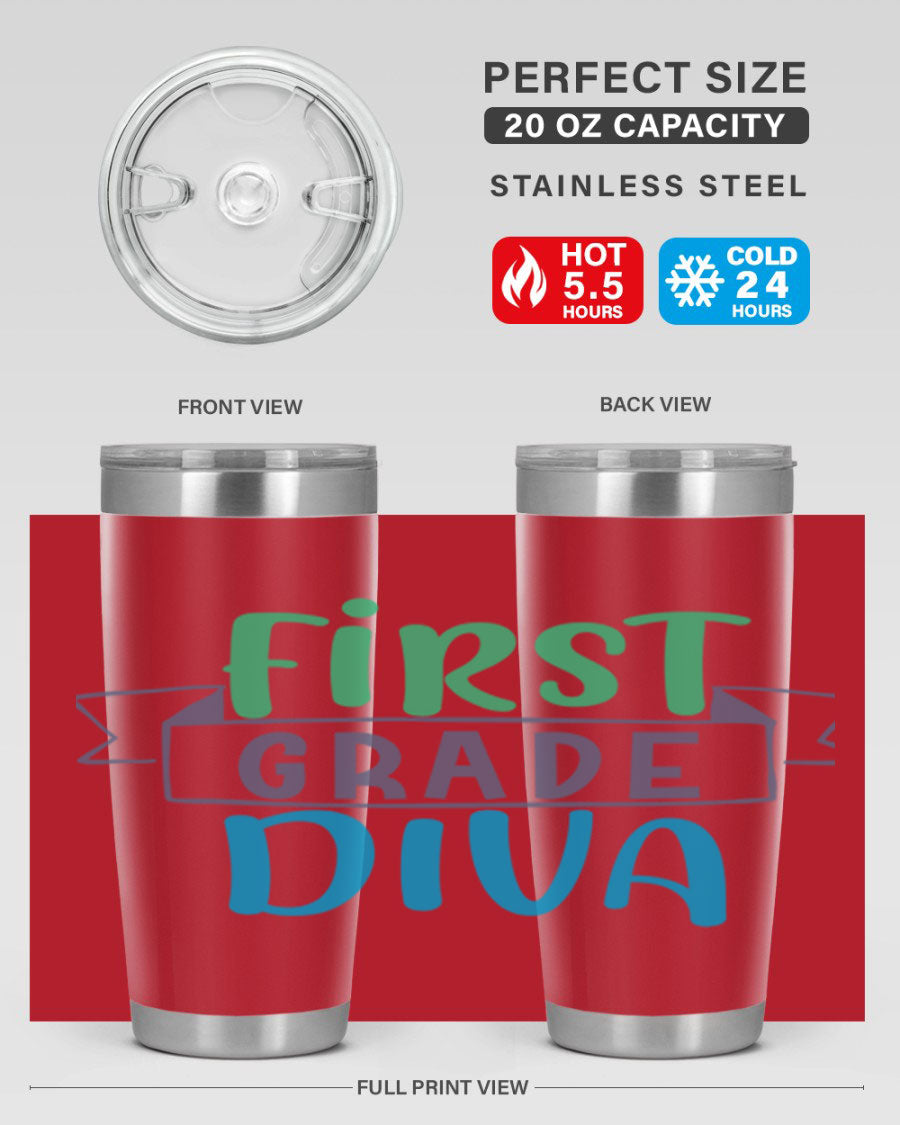 First Grade Divaa 20oz Tumbler in stainless steel with a sleek design, showcasing its double wall vacuum insulation and drink-thru lid.