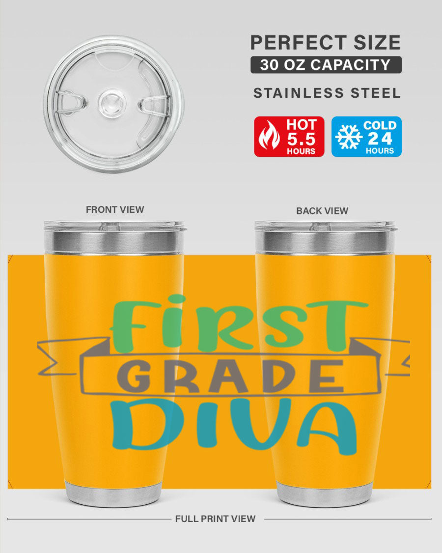 First Grade Divaa 20oz Tumbler in stainless steel with a sleek design, showcasing its double wall vacuum insulation and drink-thru lid.