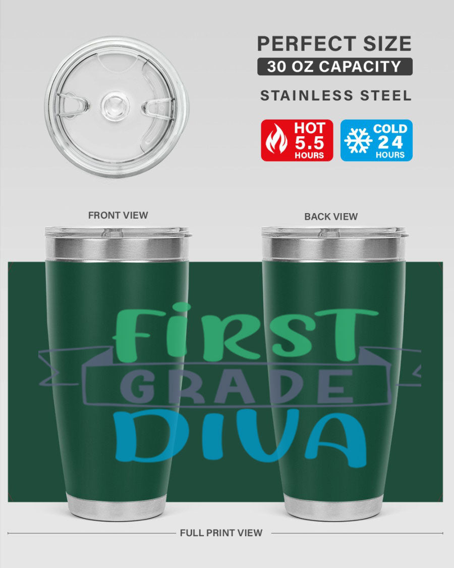 First Grade Divaa 20oz Tumbler in stainless steel with a sleek design, showcasing its double wall vacuum insulation and drink-thru lid.
