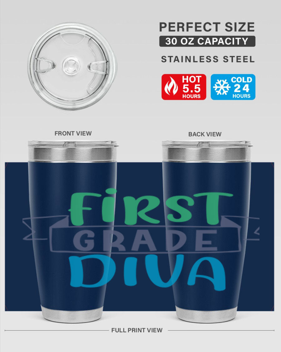 First Grade Divaa 20oz Tumbler in stainless steel with a sleek design, showcasing its double wall vacuum insulation and drink-thru lid.
