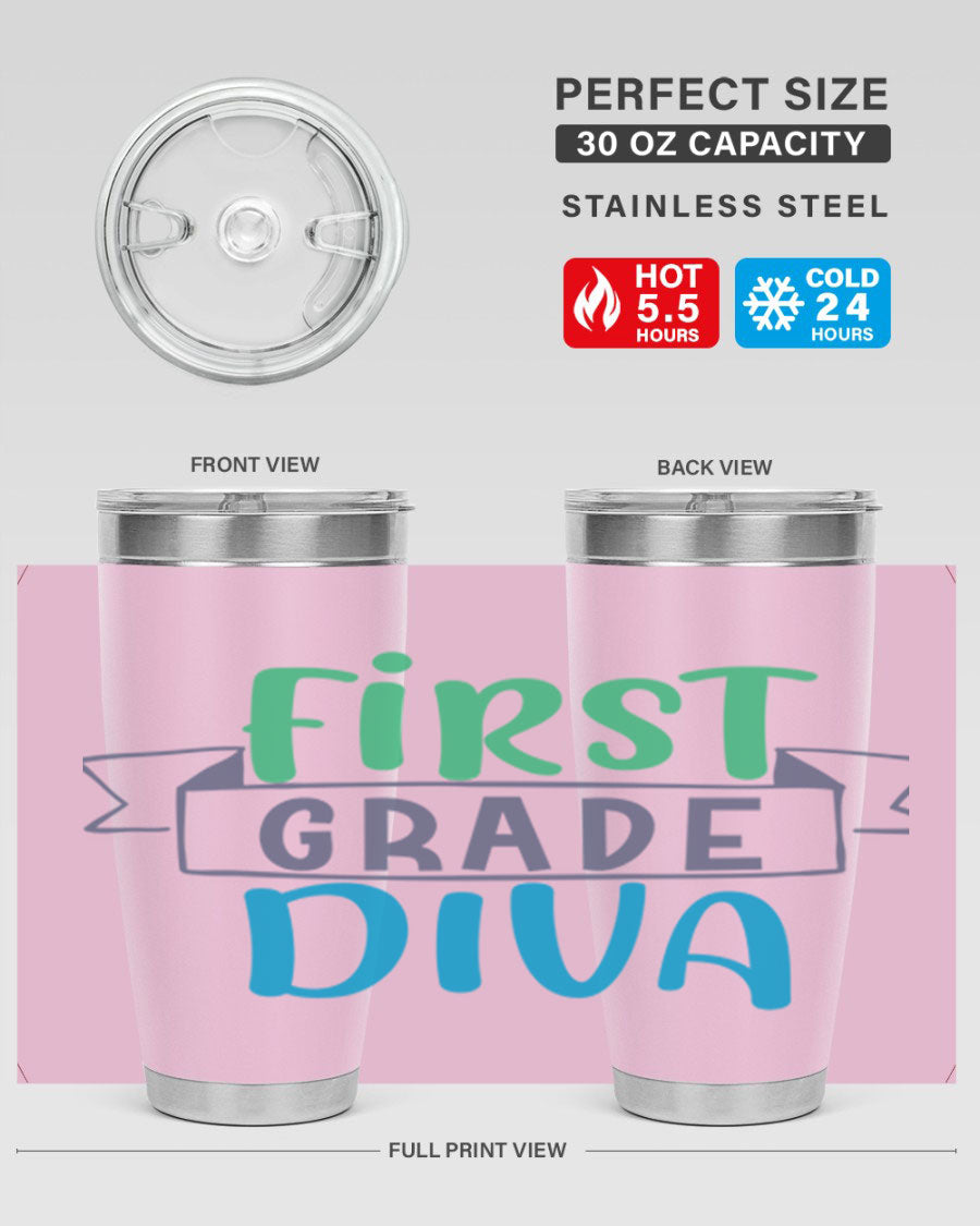 First Grade Divaa 20oz Tumbler in stainless steel with a sleek design, showcasing its double wall vacuum insulation and drink-thru lid.