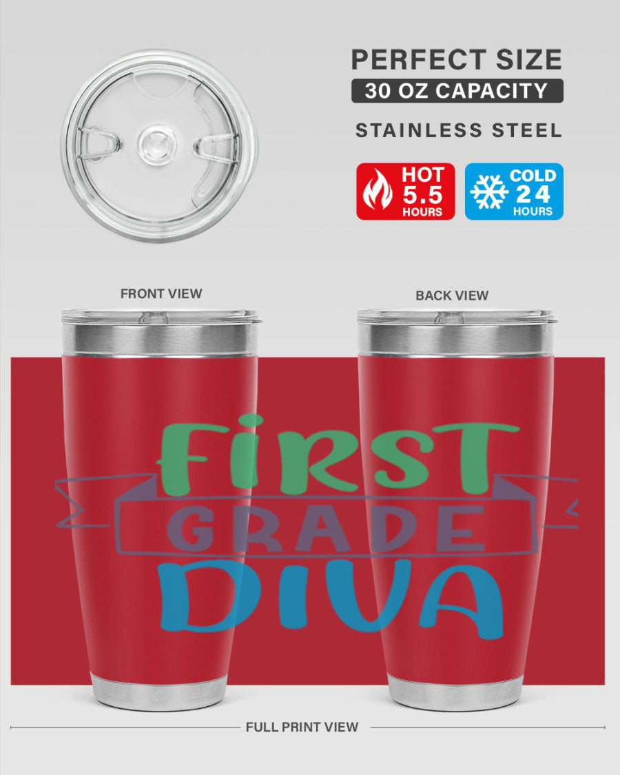 First Grade Divaa 20oz Tumbler in stainless steel with a sleek design, showcasing its double wall vacuum insulation and drink-thru lid.