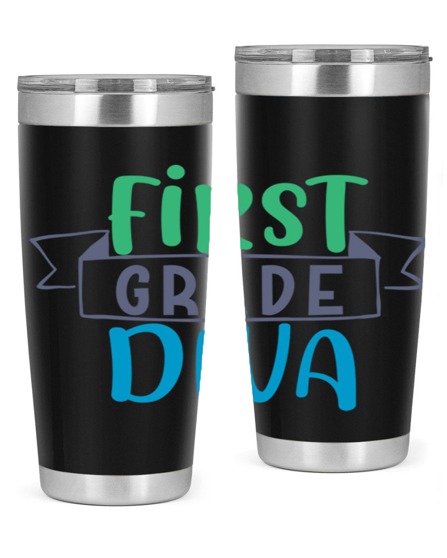 First Grade Divaa 20oz Tumbler in stainless steel with a sleek design, showcasing its double wall vacuum insulation and drink-thru lid.