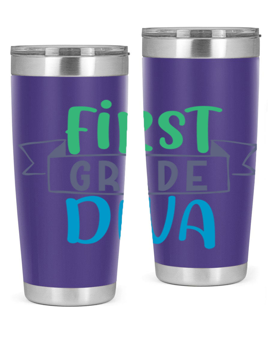 First Grade Divaa 20oz Tumbler in stainless steel with a sleek design, showcasing its double wall vacuum insulation and drink-thru lid.