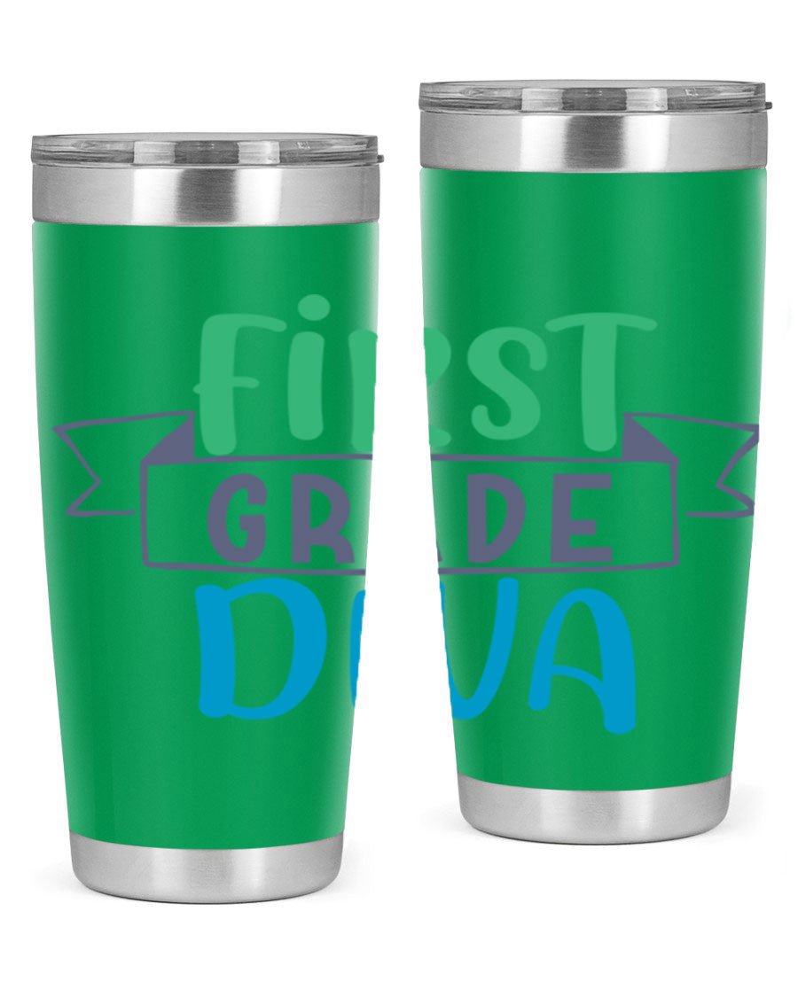 First Grade Divaa 20oz Tumbler in stainless steel with a sleek design, showcasing its double wall vacuum insulation and drink-thru lid.