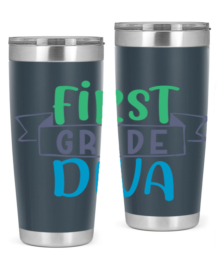 First Grade Divaa 20oz Tumbler in stainless steel with a sleek design, showcasing its double wall vacuum insulation and drink-thru lid.