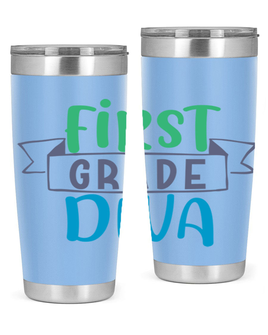 First Grade Divaa 20oz Tumbler in stainless steel with a sleek design, showcasing its double wall vacuum insulation and drink-thru lid.
