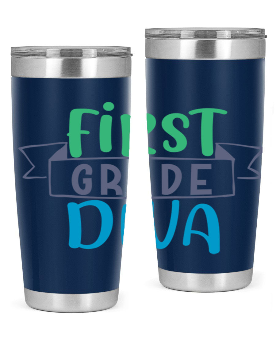 First Grade Divaa 20oz Tumbler in stainless steel with a sleek design, showcasing its double wall vacuum insulation and drink-thru lid.