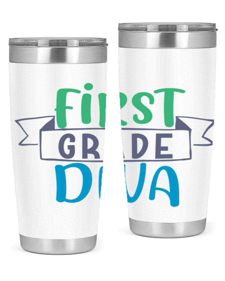 First Grade Divaa 20oz Tumbler in stainless steel with a sleek design, showcasing its double wall vacuum insulation and drink-thru lid.